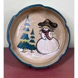 Vtg Stoneware by TB Pots Hand-Painted Winter Scene 10" Deep Dish Pottery Bowl